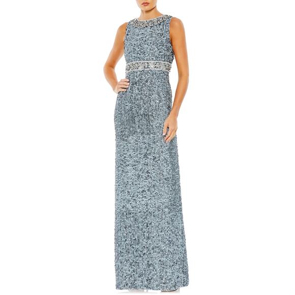 Mac Duggal 10839 Slate Blue Bead & Sequin Sleeveless Column Formal Gown 16 NWT - Picture 1 of 10
